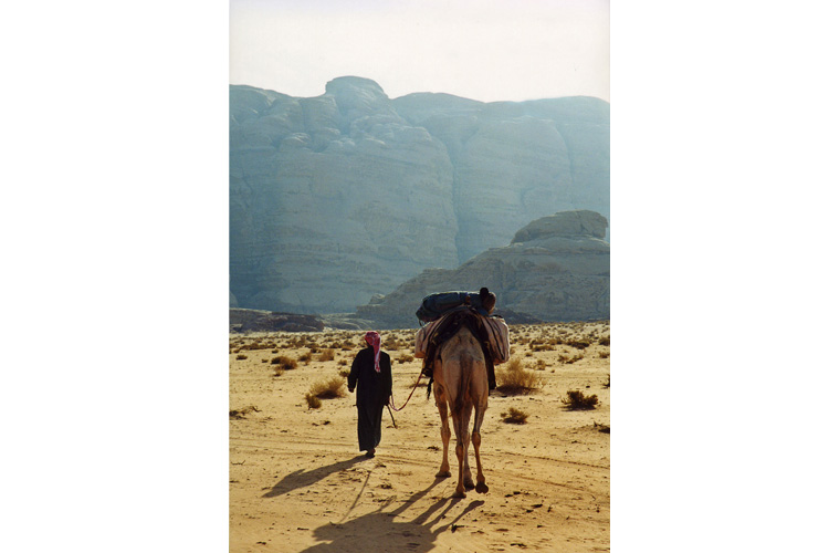 Jordanie, bédouin et son dromadaire dans le désert du Wadi Rum