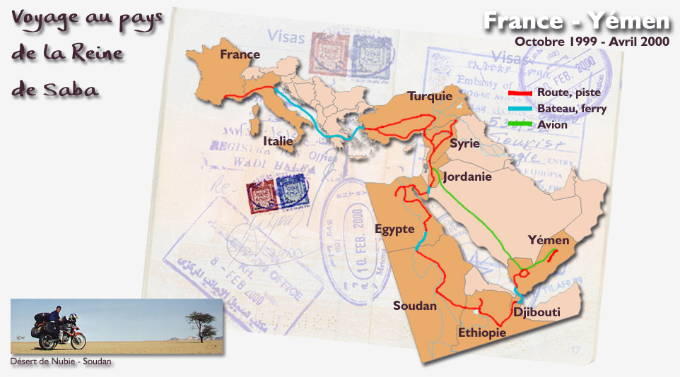 France - Yémen à moto, la carte du voyage